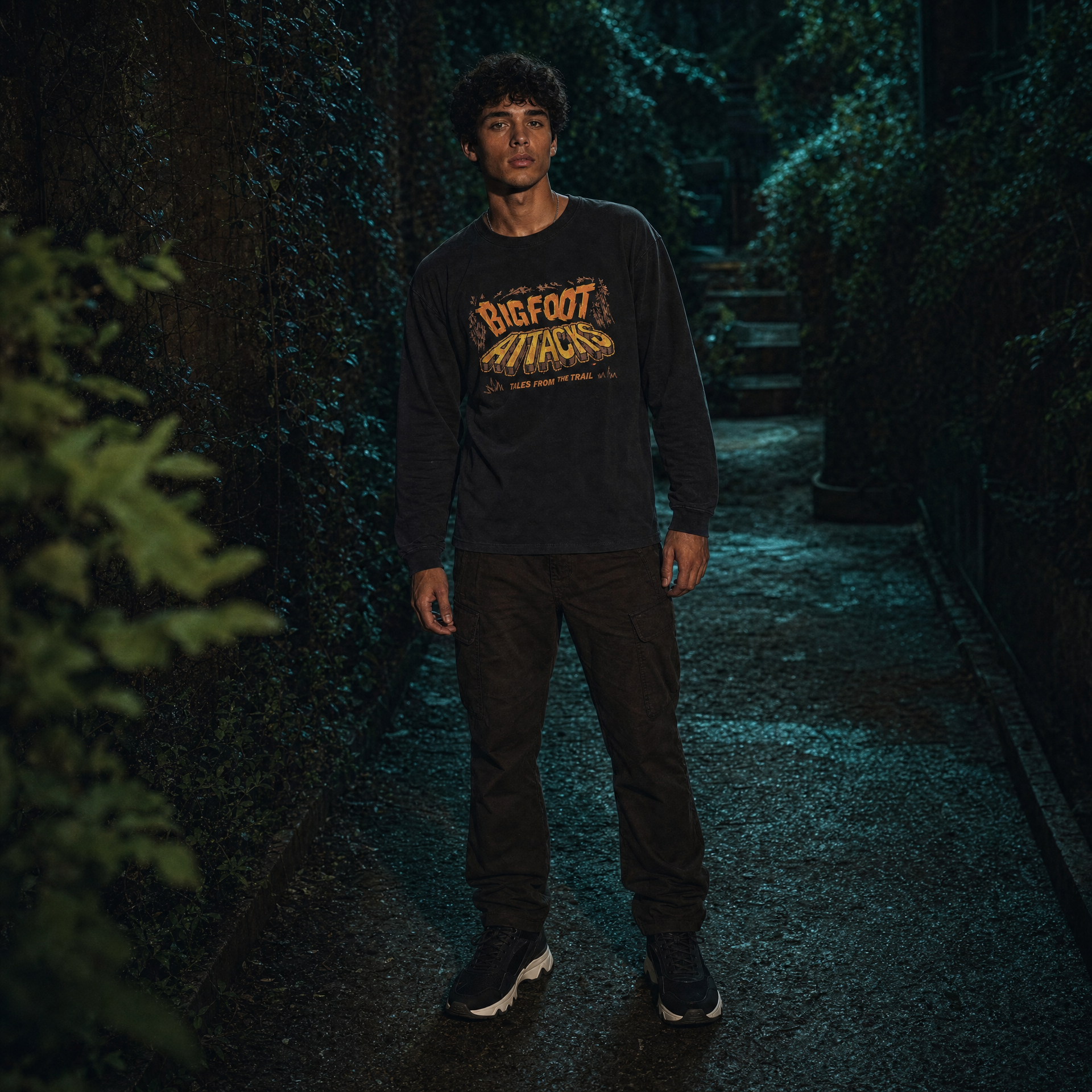 A man stands in a dark, mossy outdoor path wearing a black long-sleeve graphic sweatshirt with a distressed yellow and orange 'Bigfoot Attacks' print, paired with dark pants and sneakers.