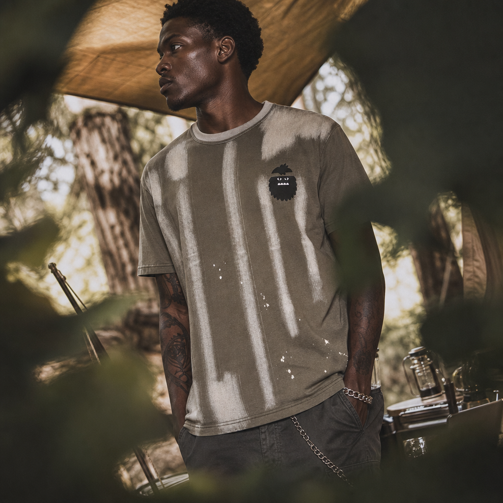 Man wearing a t-shirt with a Bigfoot Kick logo in a natural setting