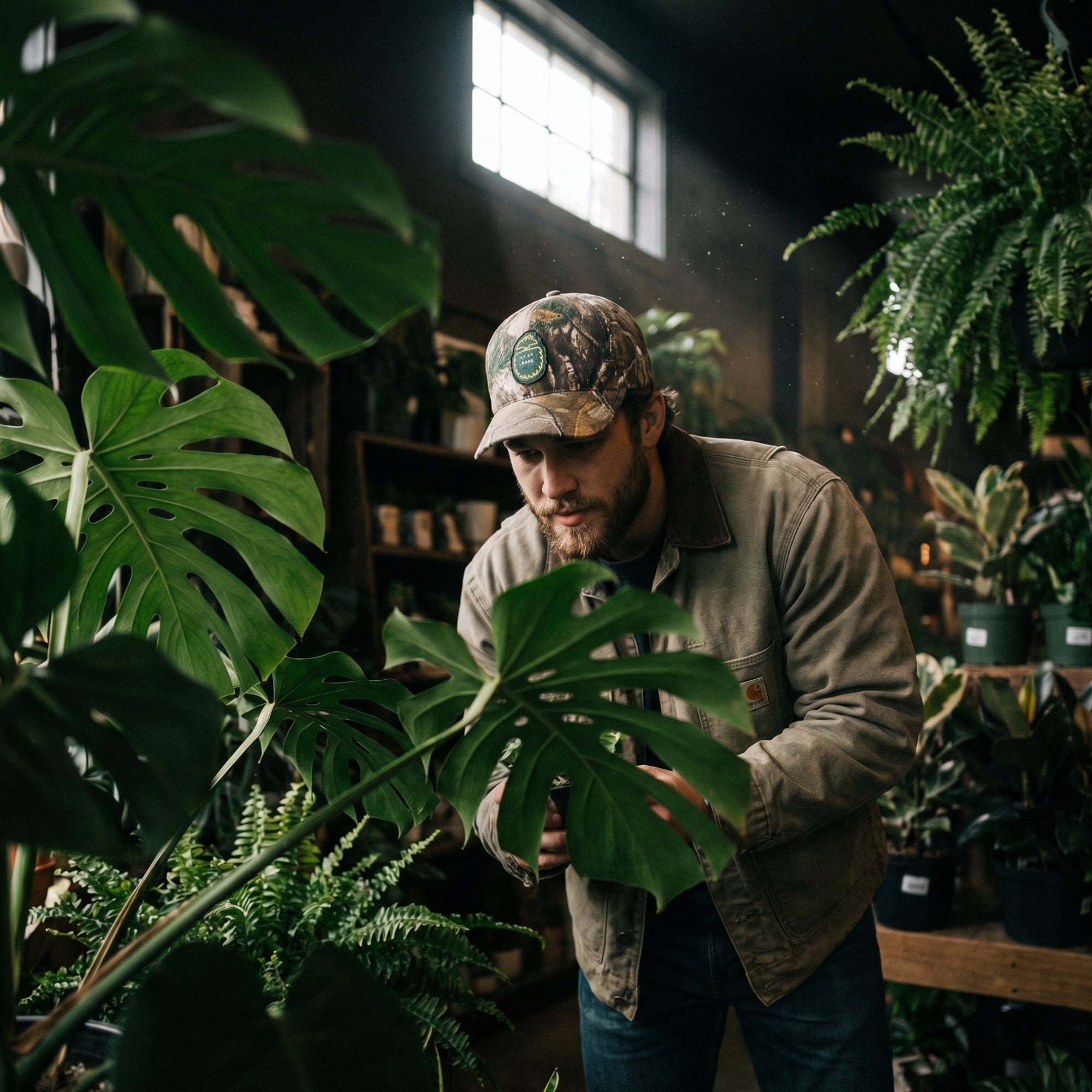 man looking at plants wearing Bigfoot Kick patch hat