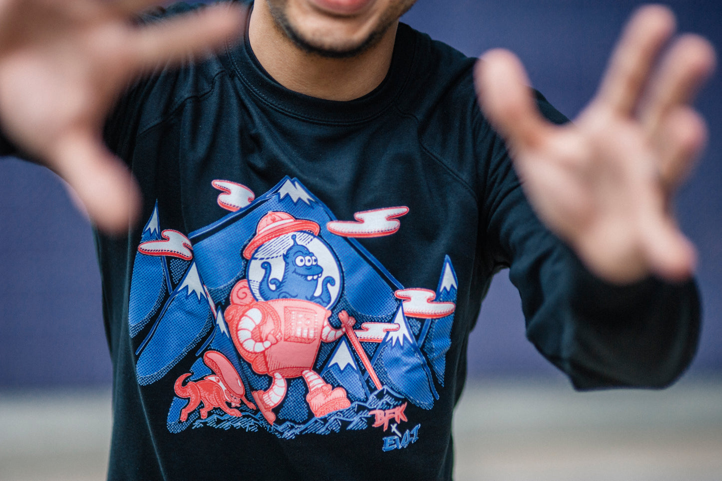 Close up of Glorp graphic print sweatshirt by Bigfoot Kick