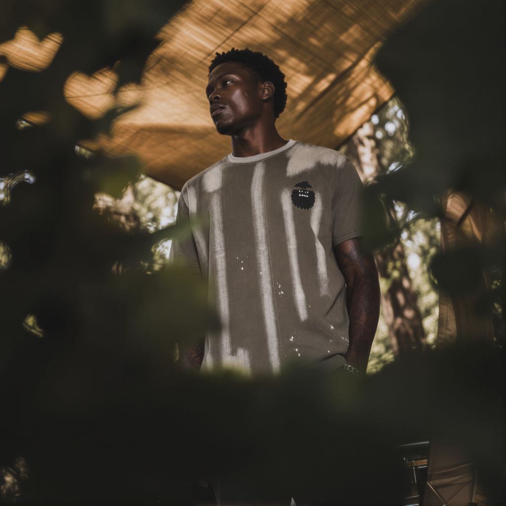 Man standing outdoors with natural light filtering through trees wearing Bigfoot Kick green tie dye tee